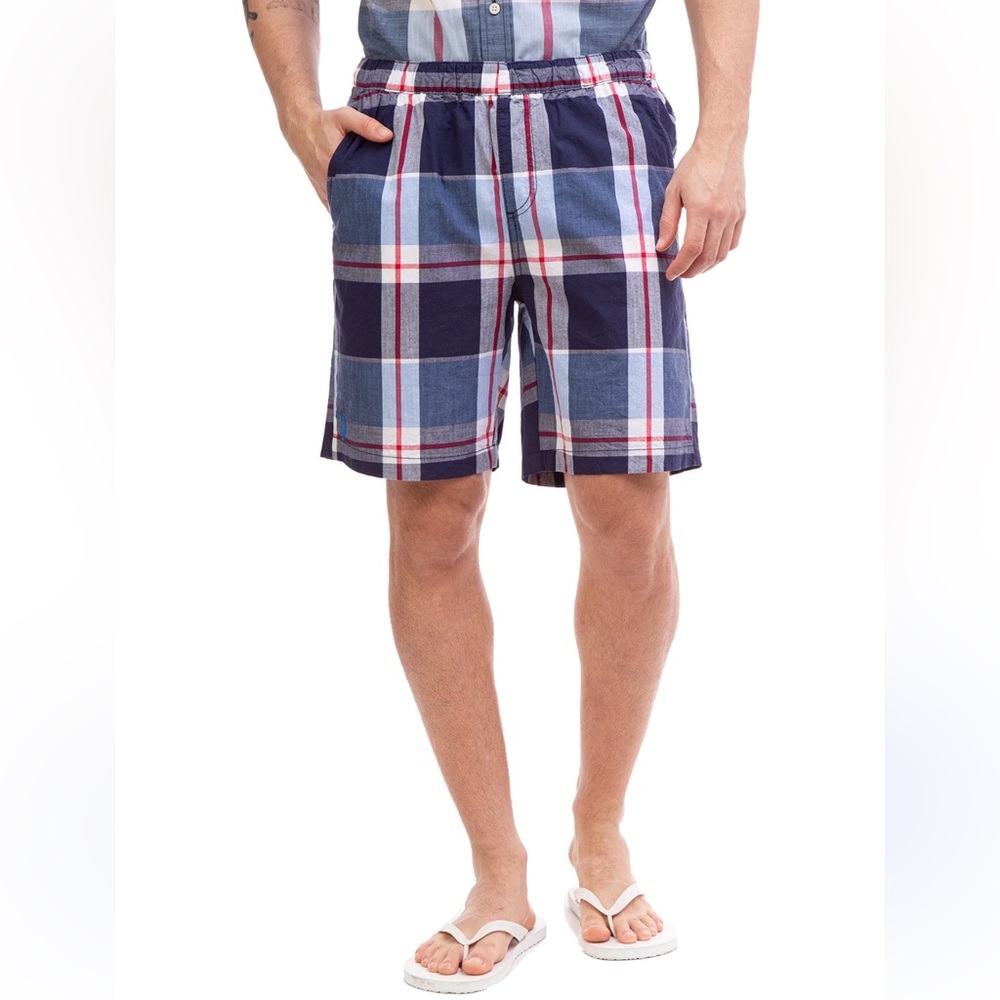 {Polo} US Polo Association Men’s Blue Plaid Jogger Shorts NWT Medium